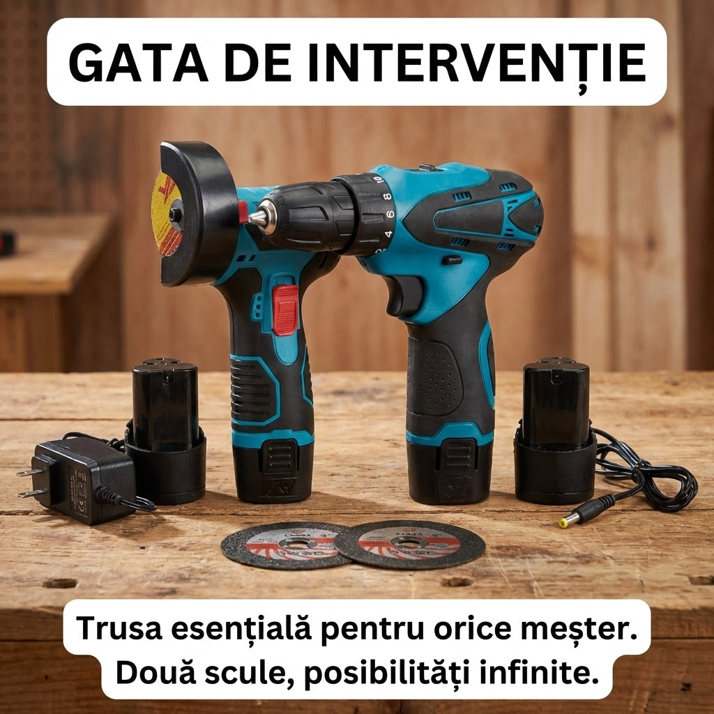 Set Scule 2-în-1: Bormașină & Flex (Polizor) pe Acumulator 48V - Kit Complet cu 2 Baterii + Accesorii