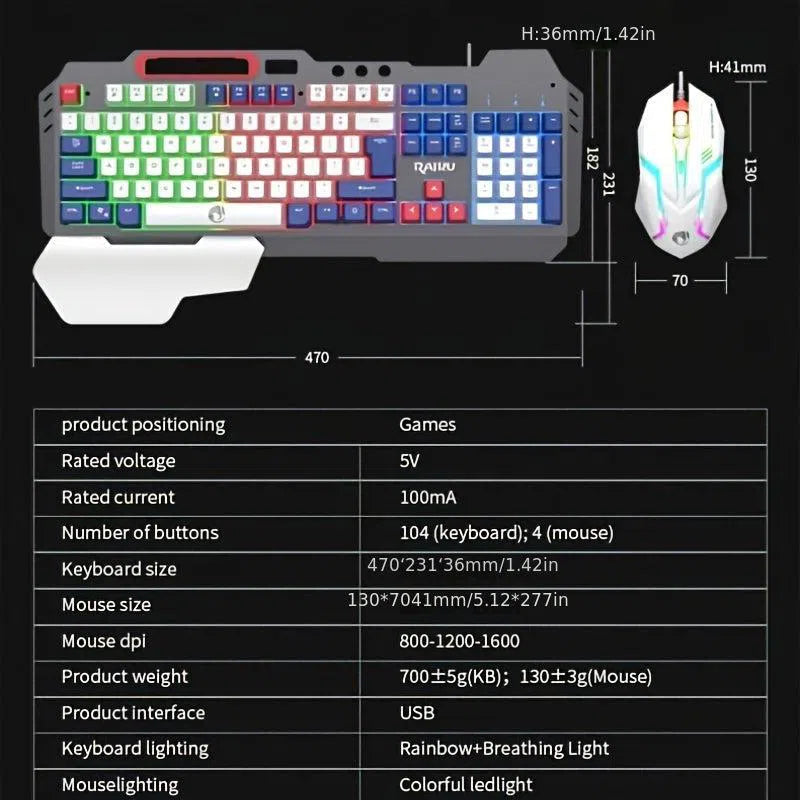 Set Tastatură și Mouse Gaming Iluminate - Tastatură Mecanică cu 3 Culori și Mouse Optic pentru Gaming, Birou sau Laptop