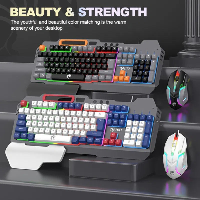 Set Tastatură și Mouse Gaming Iluminate - Tastatură Mecanică cu 3 Culori și Mouse Optic pentru Gaming, Birou sau Laptop