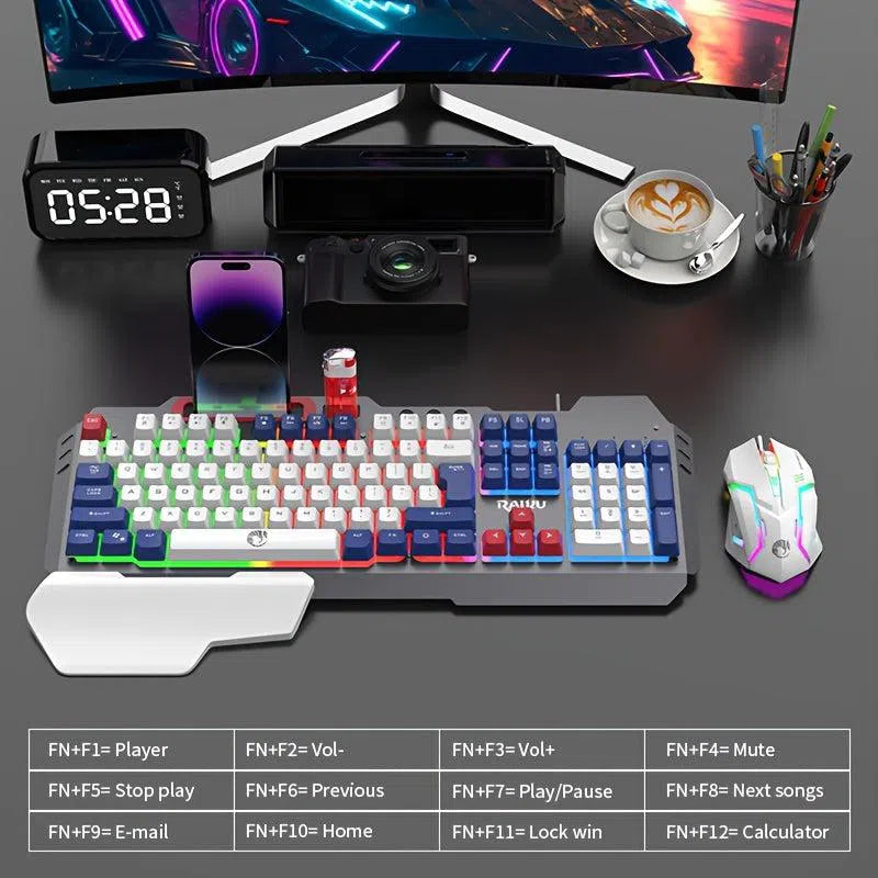 Set Tastatură și Mouse Gaming Iluminate - Tastatură Mecanică cu 3 Culori și Mouse Optic pentru Gaming, Birou sau Laptop