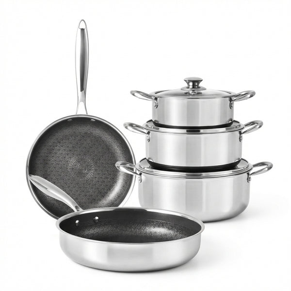 Set Vase de Gătit 8 Piese din Oțel Inoxidabil Premium, Antiaderente, Compatibile Inducție și Gaz