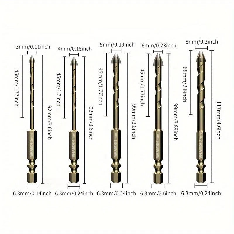 Set burghie hexagonale încrucișate, 5/7 buc, 3-12mm, pentru sticlă, beton și țiglă ceramică