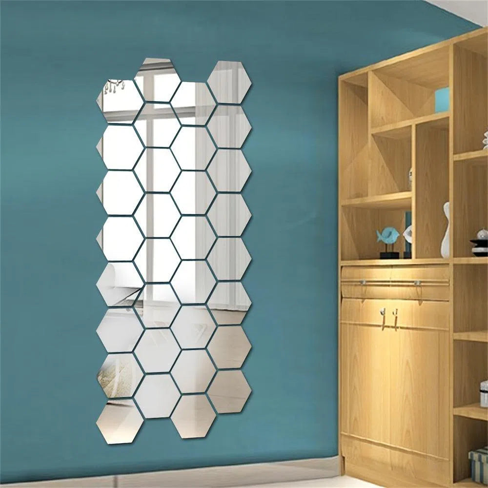 Set de 12/24/36 bucăți de oglinzi acrilice hexagonale 3D – autocolante decorative autoadezive