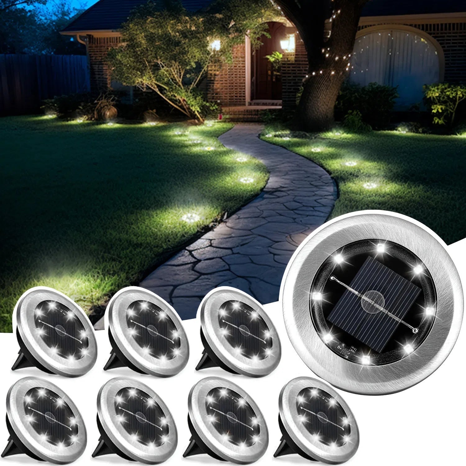 Set de 8/12 lumini solare de sol, 8 LED-uri, din oțel inoxidabil, pentru exterior