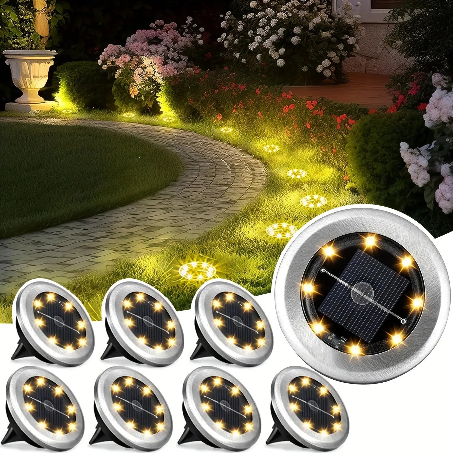 Set de 8/12 lumini solare de sol, 8 LED-uri, din oțel inoxidabil, pentru exterior