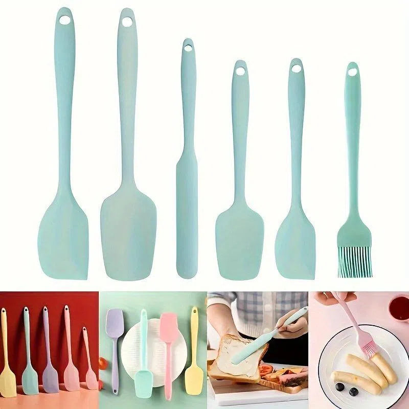 Set de Bucătărie din Silicon în Culori Nordice – 6 Piese: Spatule Mari și Mici, Pensulă pentru Ulei, Spatulă Lungă