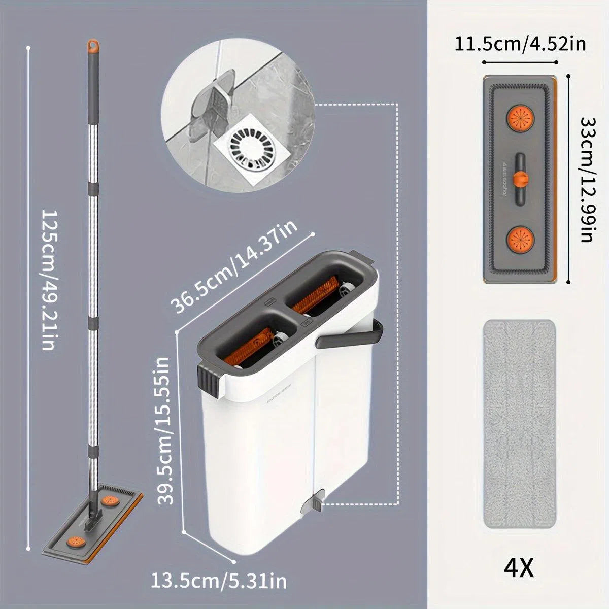 Set de mop și găleată cu mâner din oțel inoxidabil și paduri din microfibră, 33cm lățime