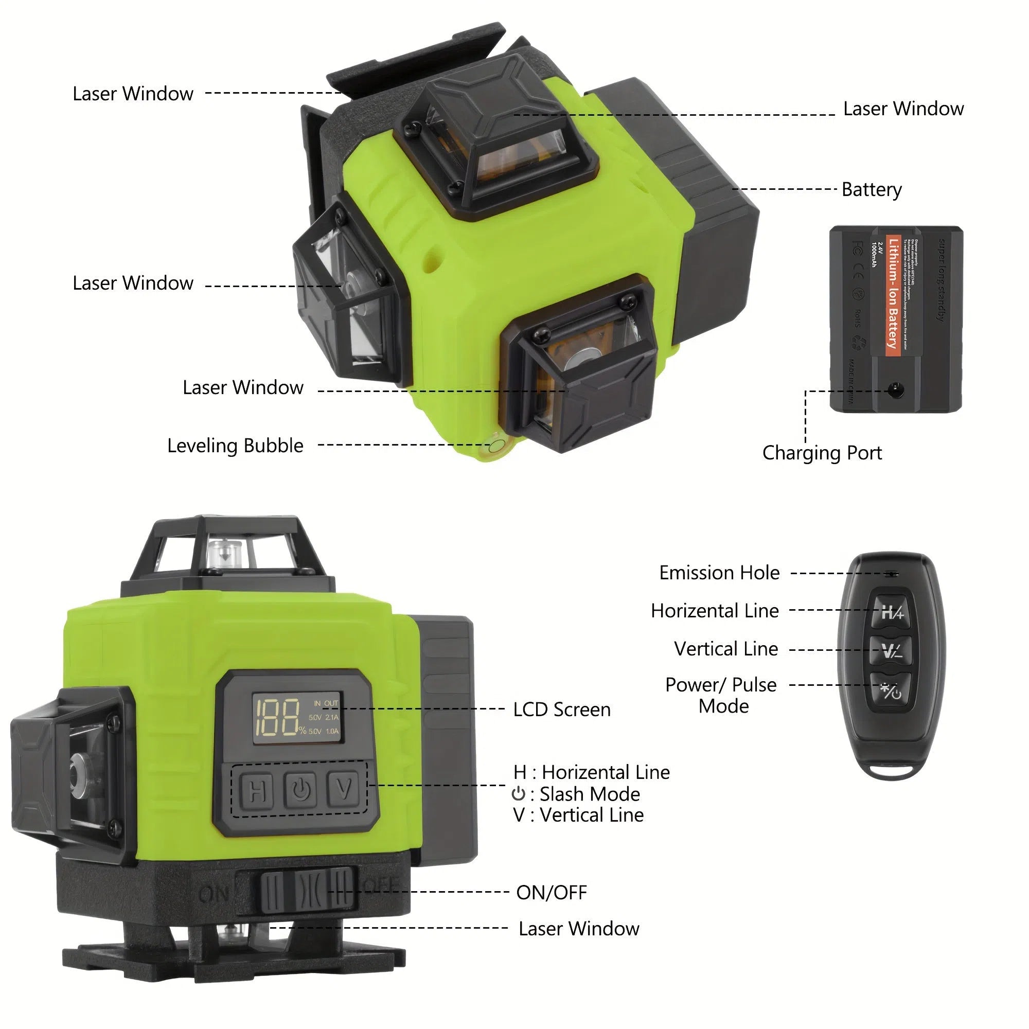 Set nivel laser 4D cu 16 linii autonivelante, raze verzi puternice, baterie reîncărcabilă