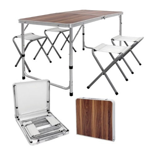 Set Masă Camping Pliabilă cu 4 Scaune, Cadru Aluminiu și Blat MDF