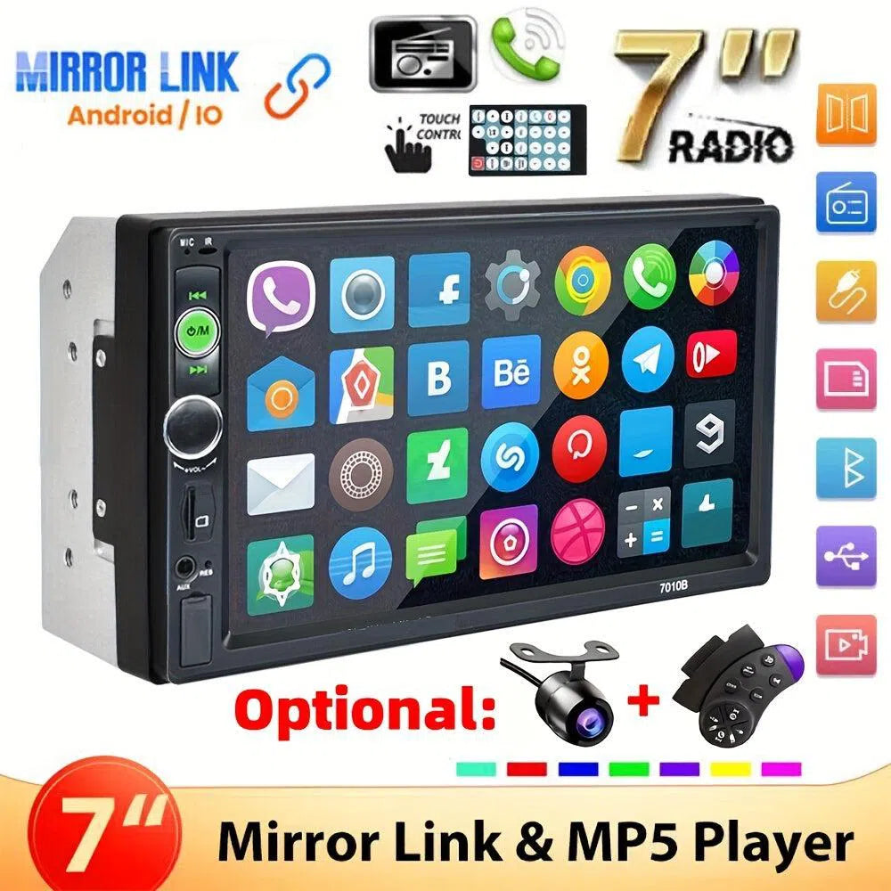 Sistem audio auto 2 Din cu ecran tactil de 17.78 cm - MP5 player, radio FM, B-T, Mirror Link, apeluri hands-free