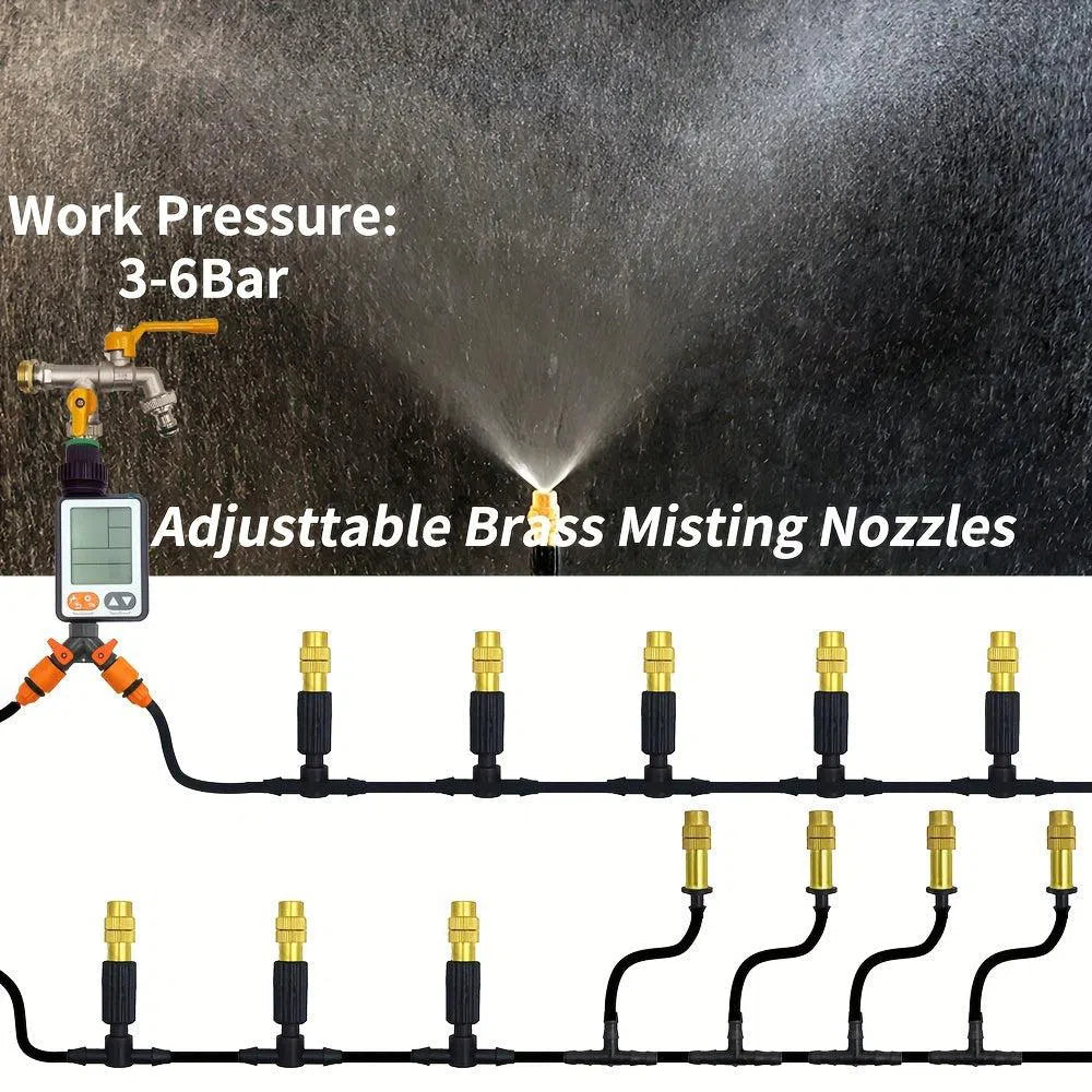 Sistem de Răcire cu Vapori în Aer Liber 15M-30M – Furtun de Irigare pentru Grădină și Terasă cu Duze din Alamă de 1/4