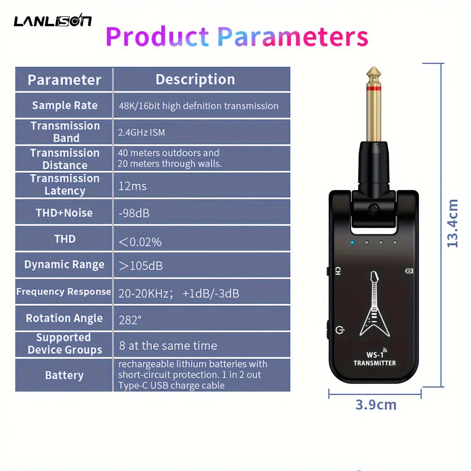 Sistem wireless Lanlison 2.4GHz pentru chitară - baterie reîncărcabilă, compatibil cu chitare electrice, basuri și saxofoane