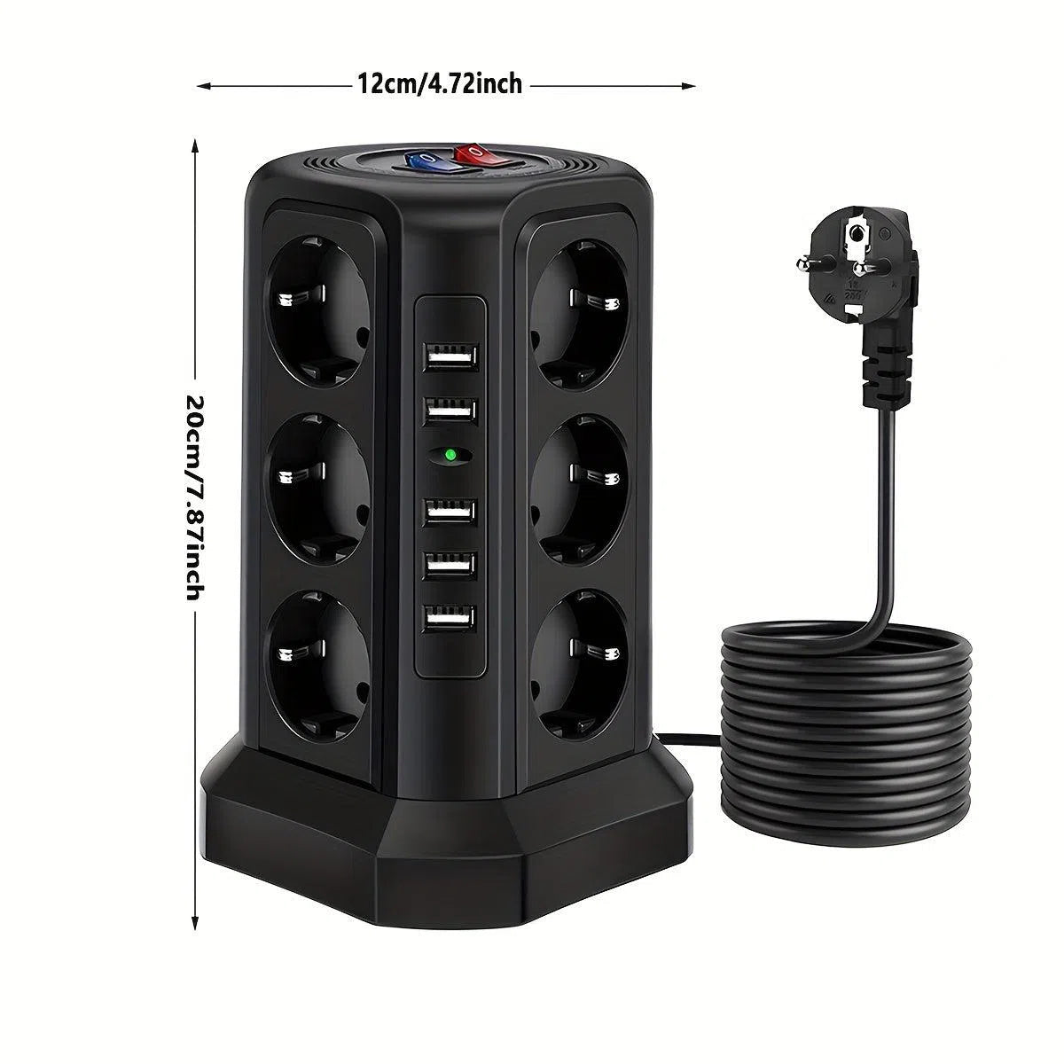 Stand Vertical cu 12 Prize și 5 Porturi USB - Protecție la Supratensiune și Scurtcircuit, 2 Comutatoare