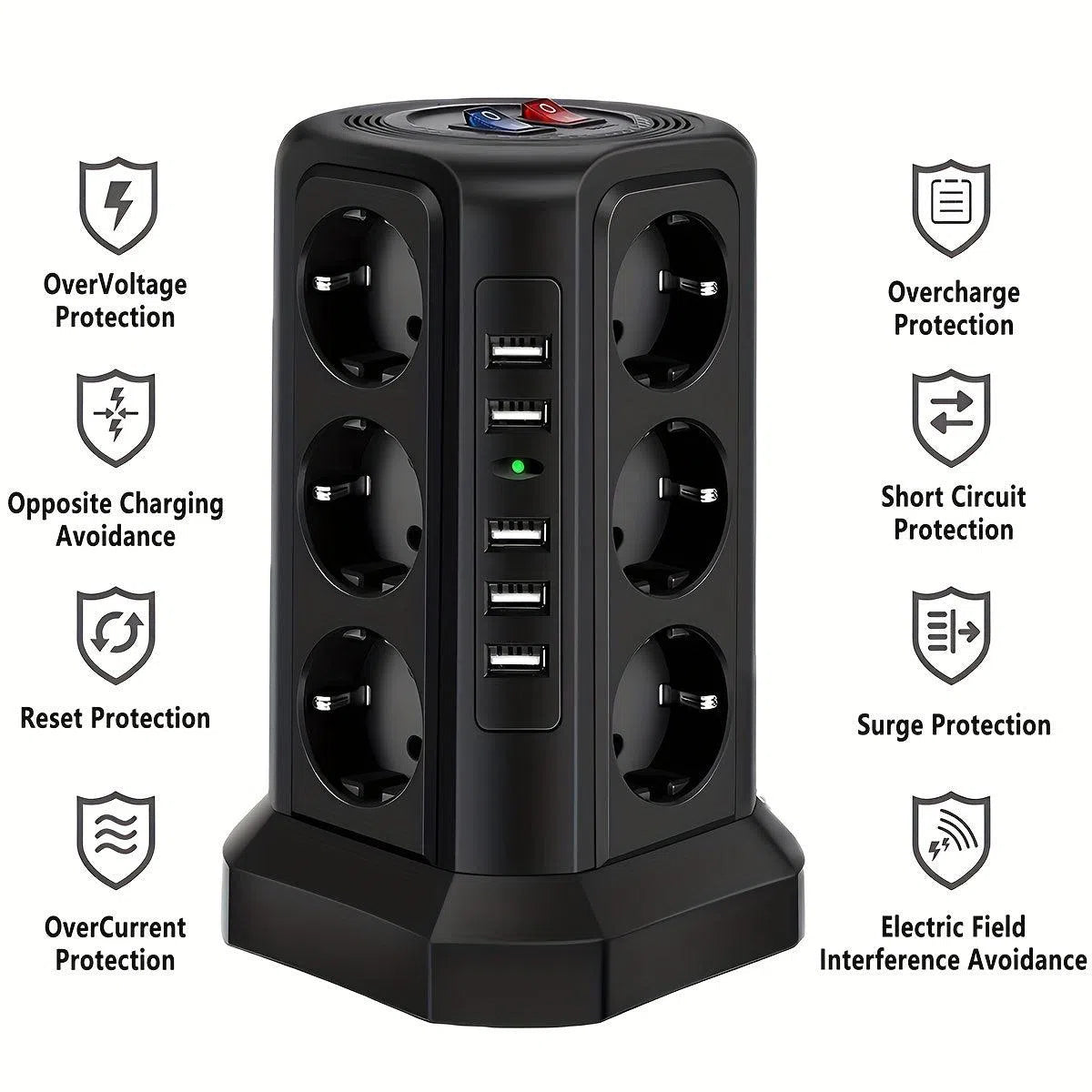 Stand Vertical cu 12 Prize și 5 Porturi USB - Protecție la Supratensiune și Scurtcircuit, 2 Comutatoare