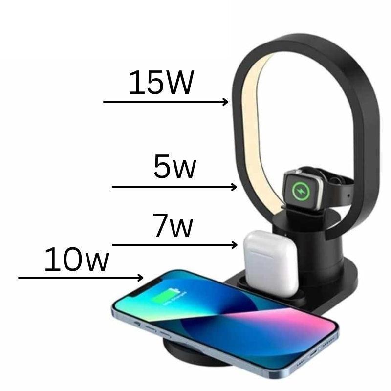 Stație de Încărcare Wireless Rapidă 15W 4 în 1, pentru Telefon, Ceas Smart, Căști Bluetooth și Lampa LED