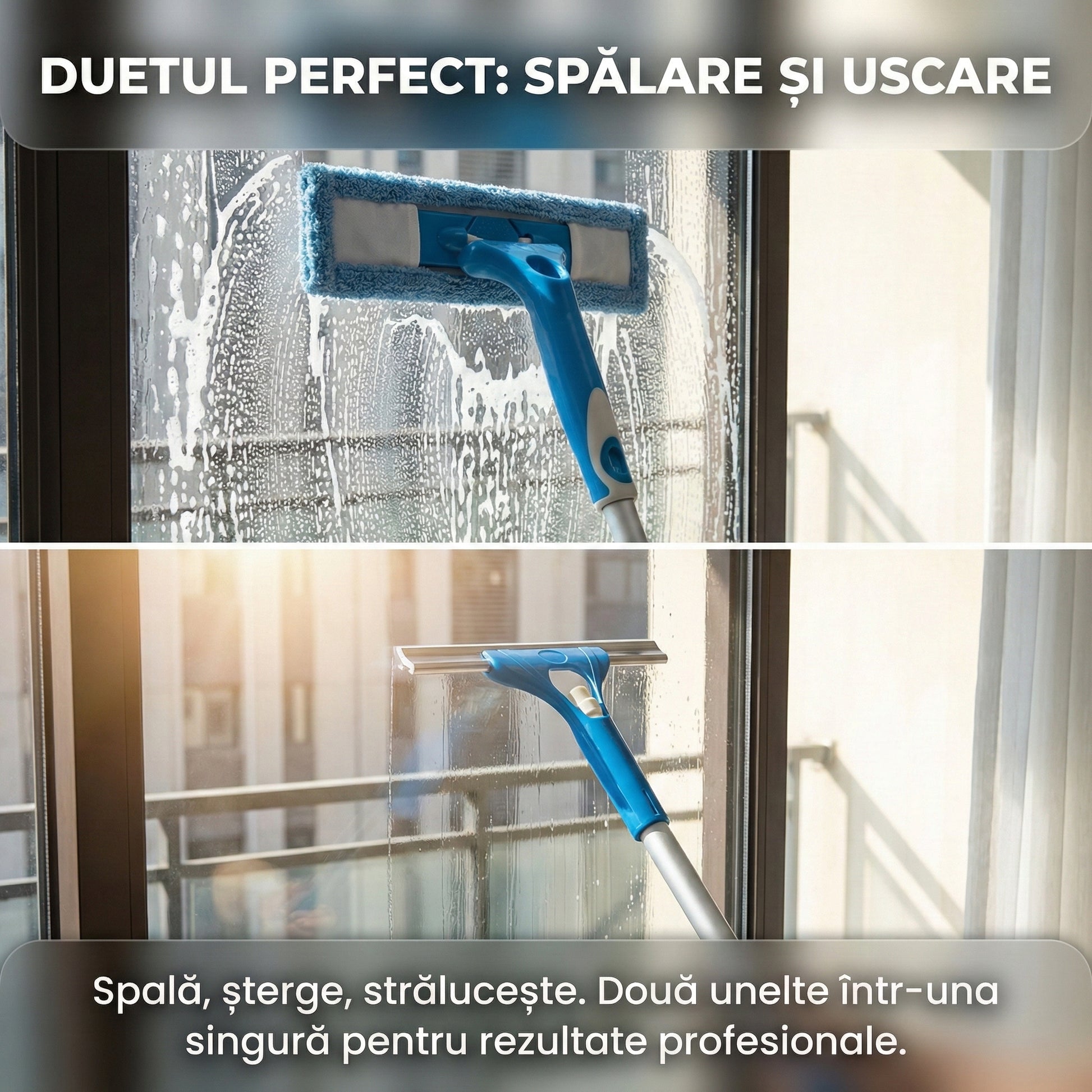 Ștergător Geamuri 2-în-1 Telescopic cu Racletă și Microfibră, Tijă Extensibilă 154 cm, Cap Flexibil, Alb/Albastru