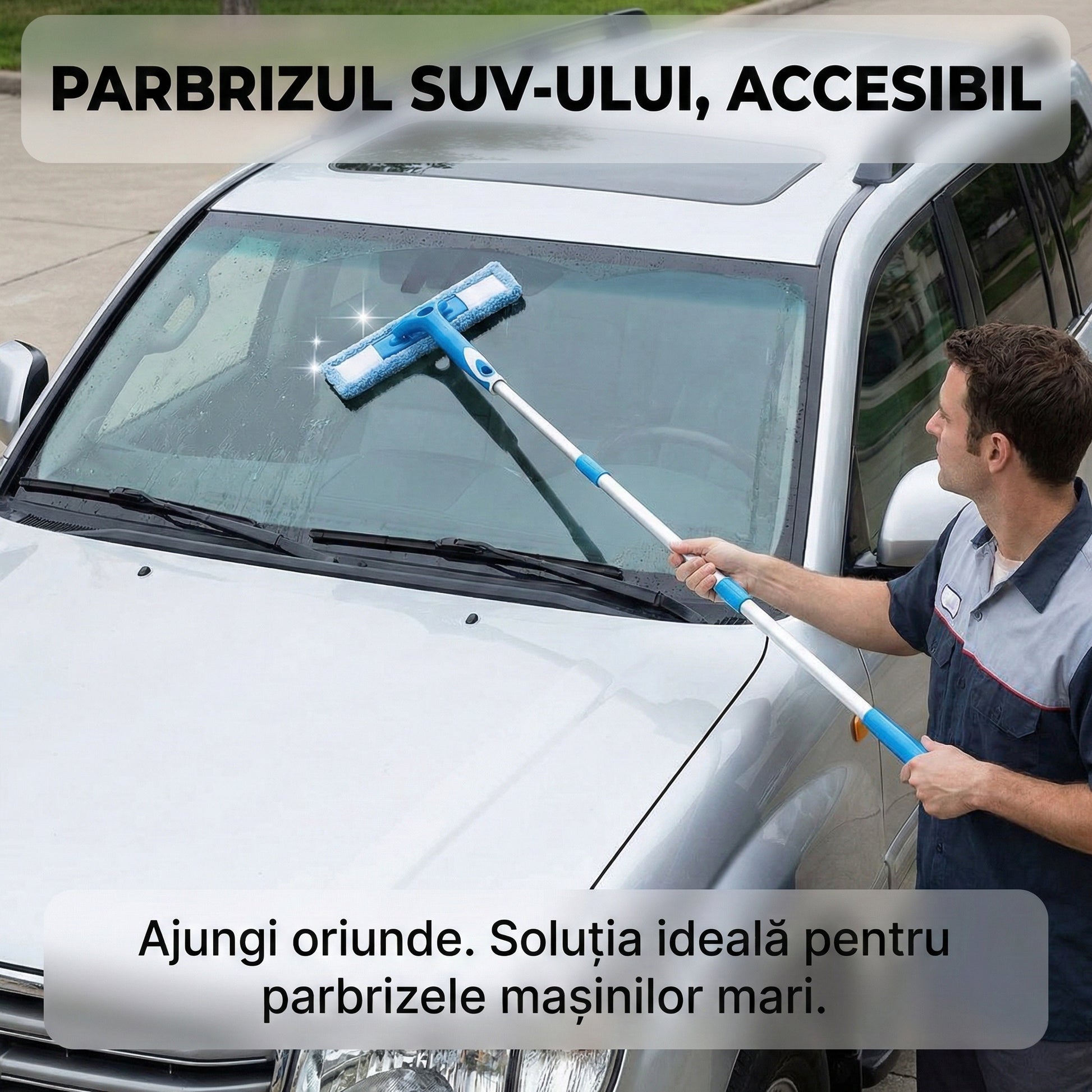 Ștergător Geamuri 2-în-1 Telescopic cu Racletă și Microfibră, Tijă Extensibilă 154 cm, Cap Flexibil, Alb/Albastru