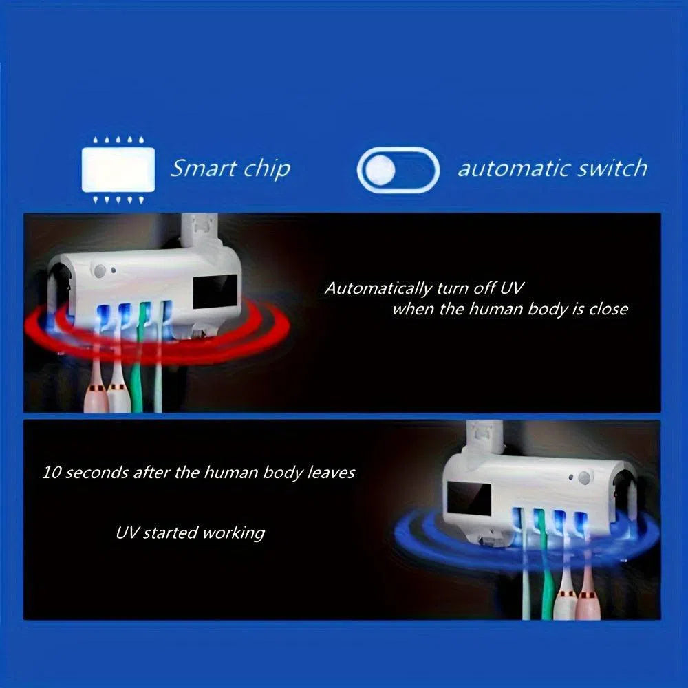 Sterilizator UV pentru Periuțe de Dinți - Suport Montat pe Perete cu Dozator Automat de Pastă