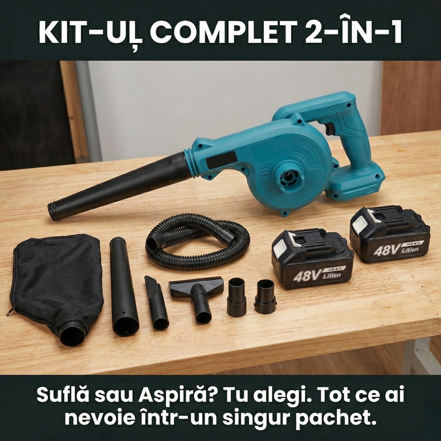 Suflantă & Aspirator 2-în-1 pe Acumulatori 48V - Putere 1080W, 19.000 RPM, Set Complet cu 2 Baterii