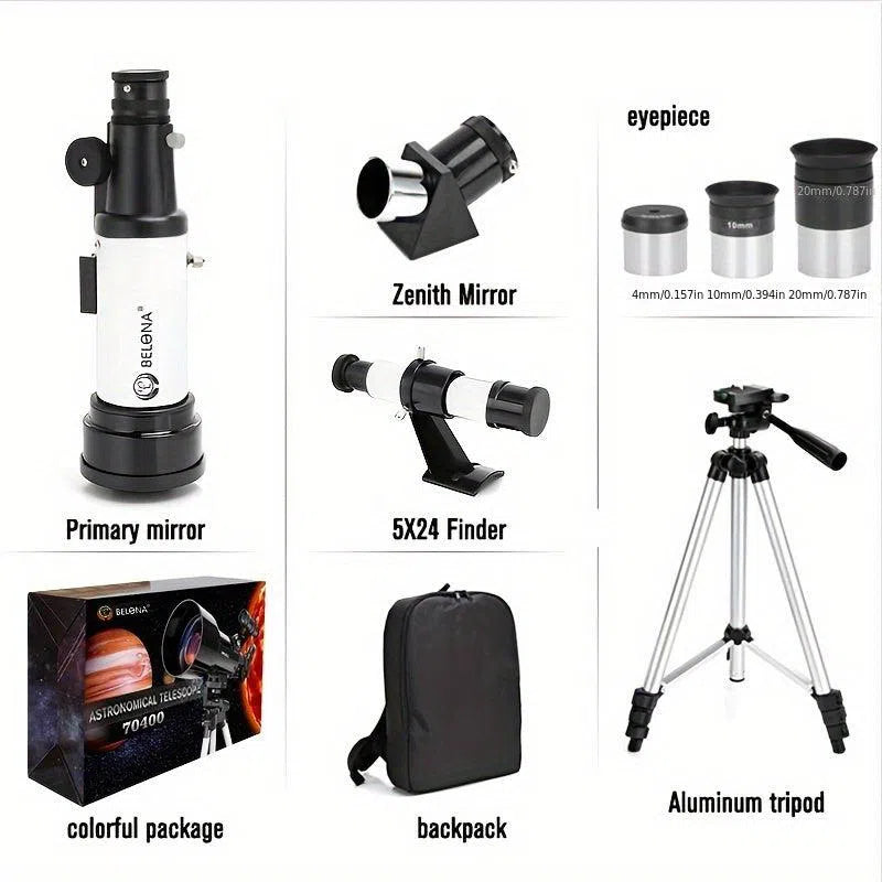 Telescop Astronomic 70mm/400mm pentru Adulți - Refractor pentru Observarea Stelelor, cu Adaptor Smartphone și Telecomandă