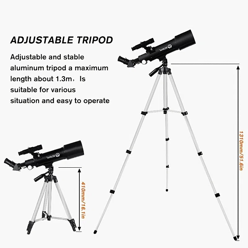 Telescop Astronomic 70mm/400mm pentru Adulți - Refractor pentru Observarea Stelelor, cu Adaptor Smartphone și Telecomandă