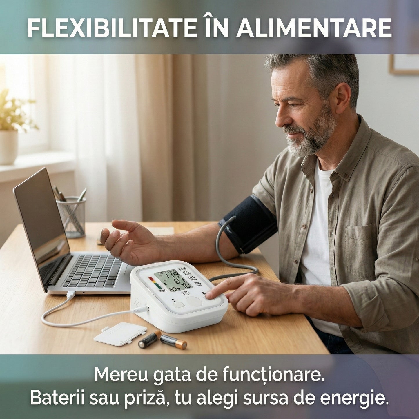 Tensiometru Electronic de Braț cu 99 Memorări, Alimentare Hibridă USB/Baterii, Manșetă Reglabilă 22-32cm, Ecran LCD Mare