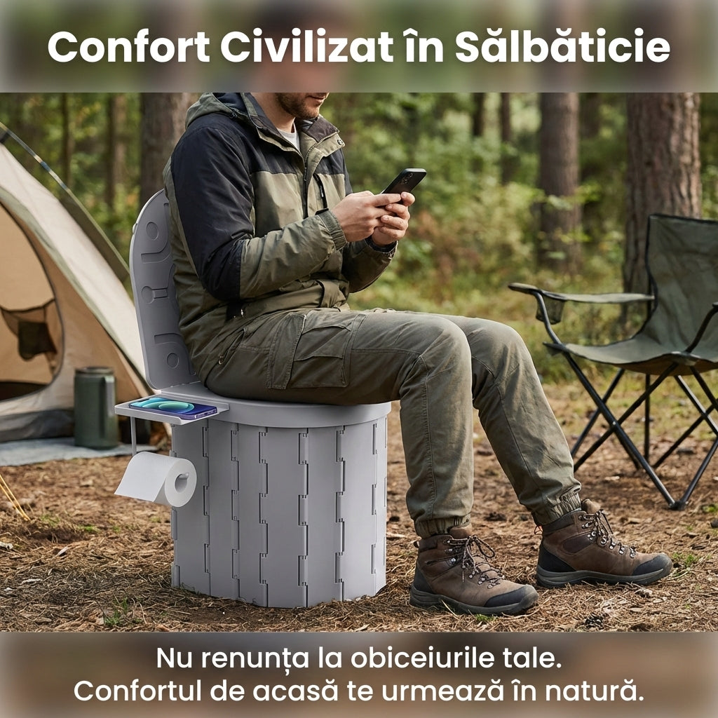 Toaletă Portabilă Pliabilă Premium din ABS, Rezistență 204kg, Multifuncțională pentru Camping și Rulotă, Include Geantă și Saci, Gri