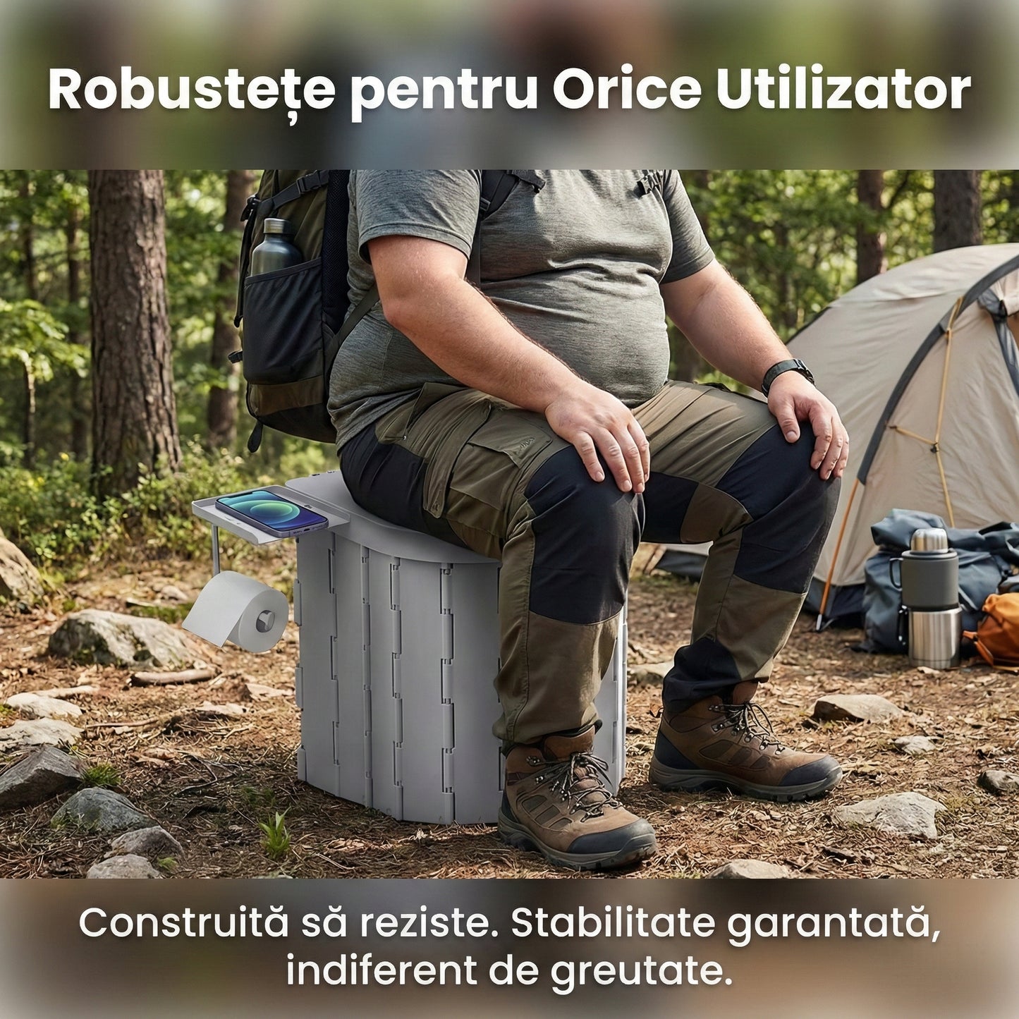 Toaletă Portabilă Pliabilă Premium din ABS, Rezistență 204kg, Multifuncțională pentru Camping și Rulotă, Include Geantă și Saci, Gri