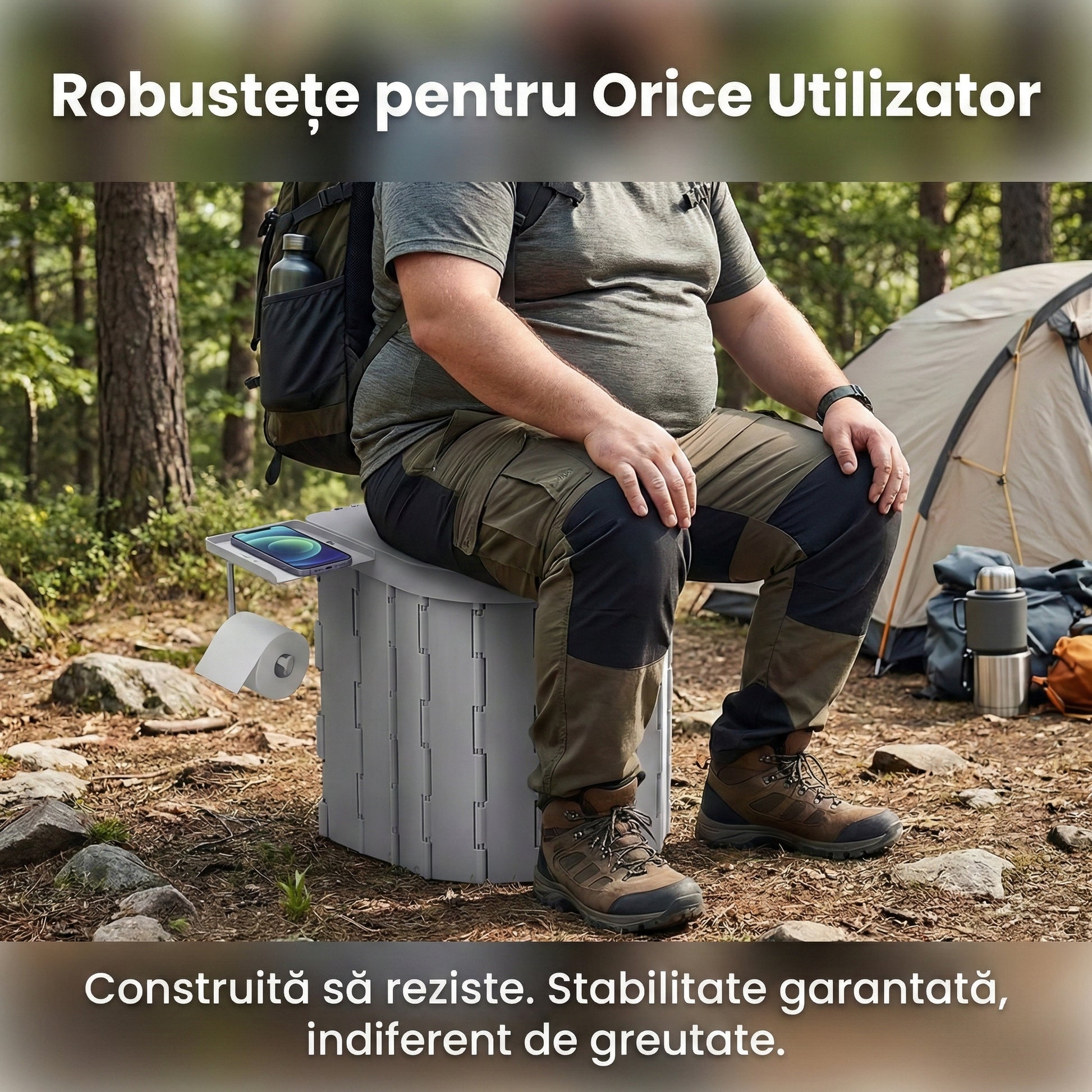 Toaletă Portabilă Pliabilă Premium din ABS, Rezistență 204kg, Multifuncțională pentru Camping și Rulotă, Include Geantă și Saci, Gri