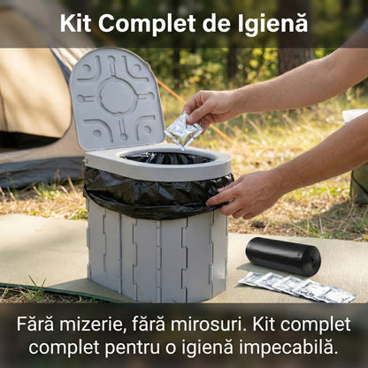 Toaletă Portabilă Pliabilă Premium din ABS, Rezistență 204kg, Multifuncțională pentru Camping și Rulotă, Include Geantă și Saci, Gri