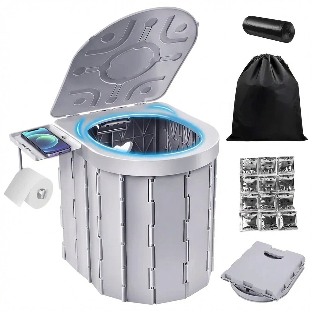 Toaletă Portabilă Pliabilă Premium din ABS, Rezistență 204kg, Multifuncțională pentru Camping și Rulotă, Include Geantă și Saci, Gri