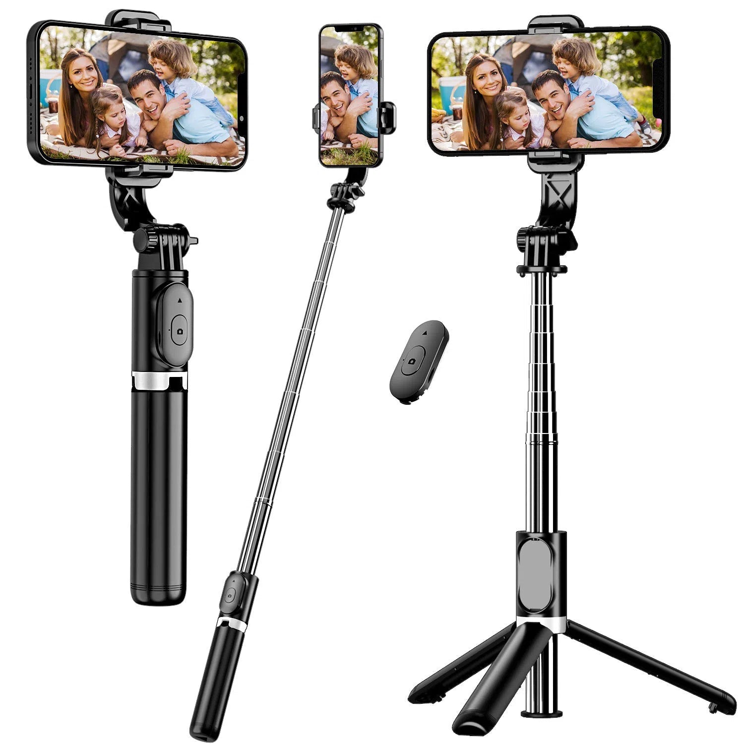 Trepied selfie stick de 40" pentru telefon, extensibil și multifuncțional, cu telecomandă wireless și rotire la 360°