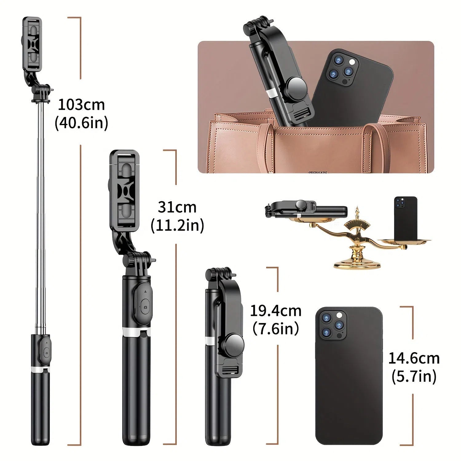 Trepied selfie stick de 40" pentru telefon, extensibil și multifuncțional, cu telecomandă wireless și rotire la 360°