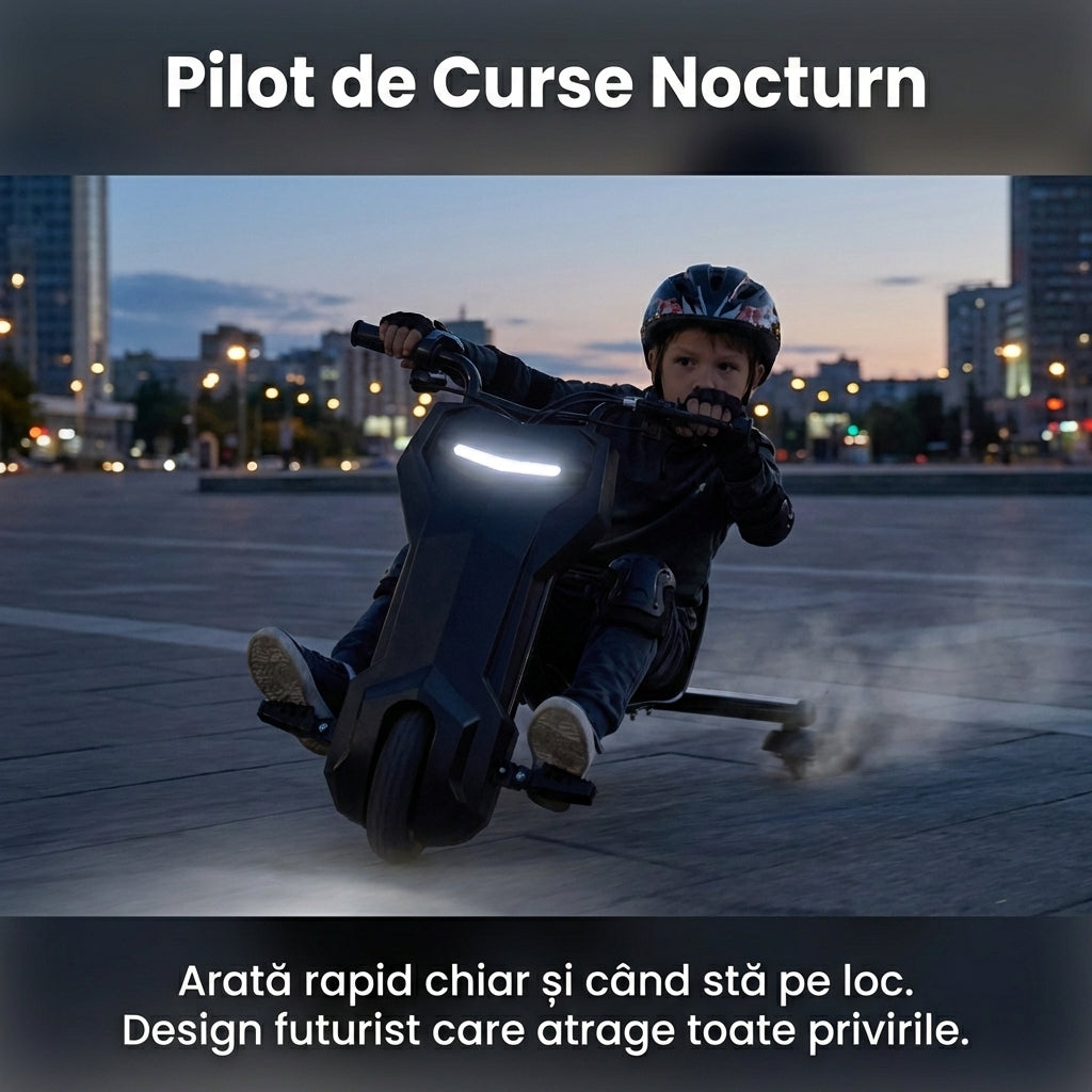 Tricicletă Electrică Drift Trike 360° pentru Copii, Motor 250W, Bluetooth, Viteză Reglabilă, Suspensie, Negru