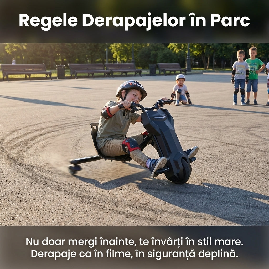 Tricicletă Electrică Drift Trike 360° pentru Copii, Motor 250W, Bluetooth, Viteză Reglabilă, Suspensie, Negru