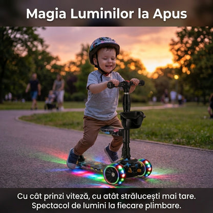 Trotinetă Copii 2-în-1 Transformabilă cu Șezut Detașabil, Roți Luminoase LED, Ghidon Reglabil, Greutate Maximă 80kg, Negru/Graffiti