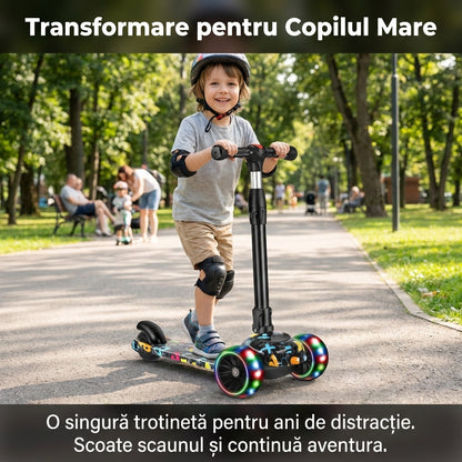 Trotinetă Copii 2-în-1 Transformabilă cu Șezut Detașabil, Roți Luminoase LED, Ghidon Reglabil, Greutate Maximă 80kg, Negru/Graffiti