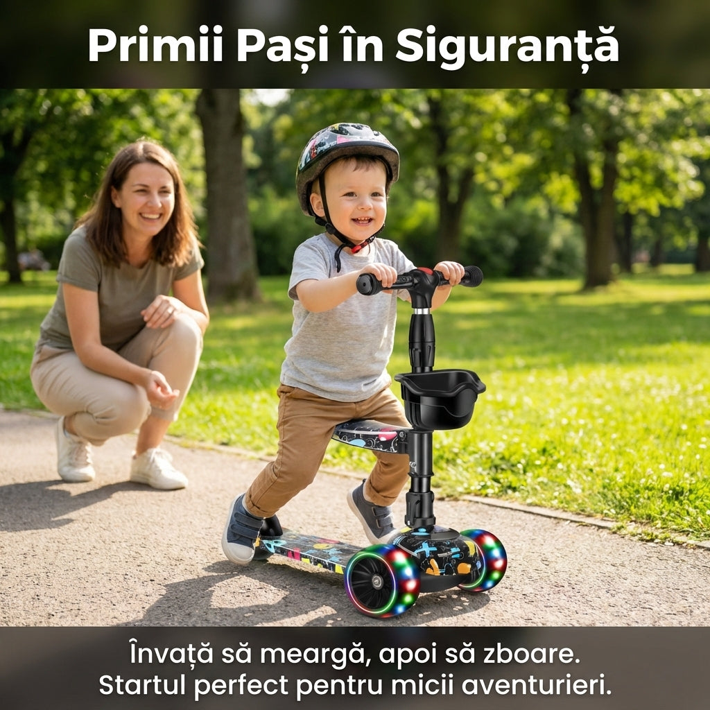 Trotinetă Copii 2-în-1 Transformabilă cu Șezut Detașabil, Roți Luminoase LED, Ghidon Reglabil, Greutate Maximă 80kg, Negru/Graffiti