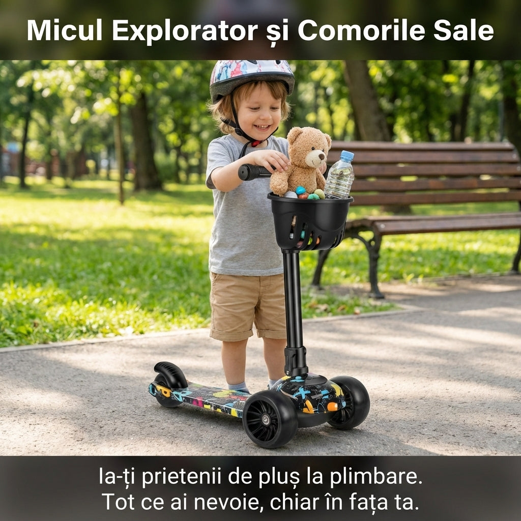Trotinetă Copii 2-în-1 Transformabilă cu Șezut Detașabil, Roți Luminoase LED, Ghidon Reglabil, Greutate Maximă 80kg, Negru/Graffiti