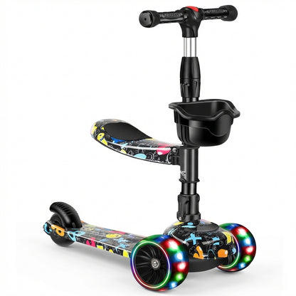 Trotinetă Copii 2-în-1 Transformabilă cu Șezut Detașabil, Roți Luminoase LED, Ghidon Reglabil, Greutate Maximă 80kg, Negru/Graffiti