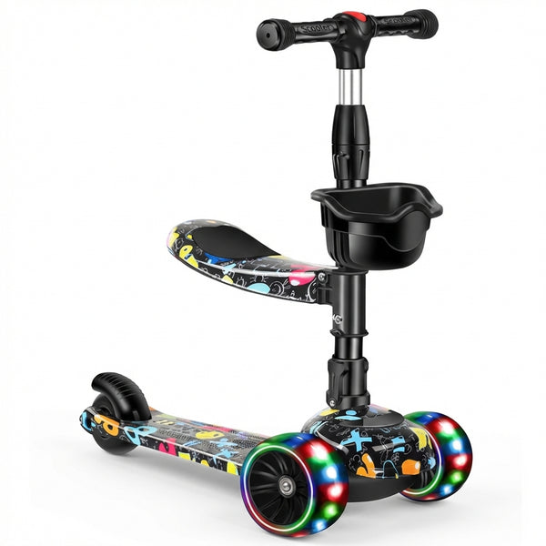 Trotinetă Copii 2-în-1 Transformabilă cu Șezut Detașabil, Roți Luminoase LED, Ghidon Reglabil, Greutate Maximă 80kg, Negru/Graffiti