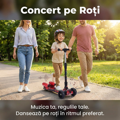 Trotinetă cu Aburi și Lumini LED, Conexiune Bluetooth pentru Muzică, Roți PU Luminoase, Pliabilă, Roșu