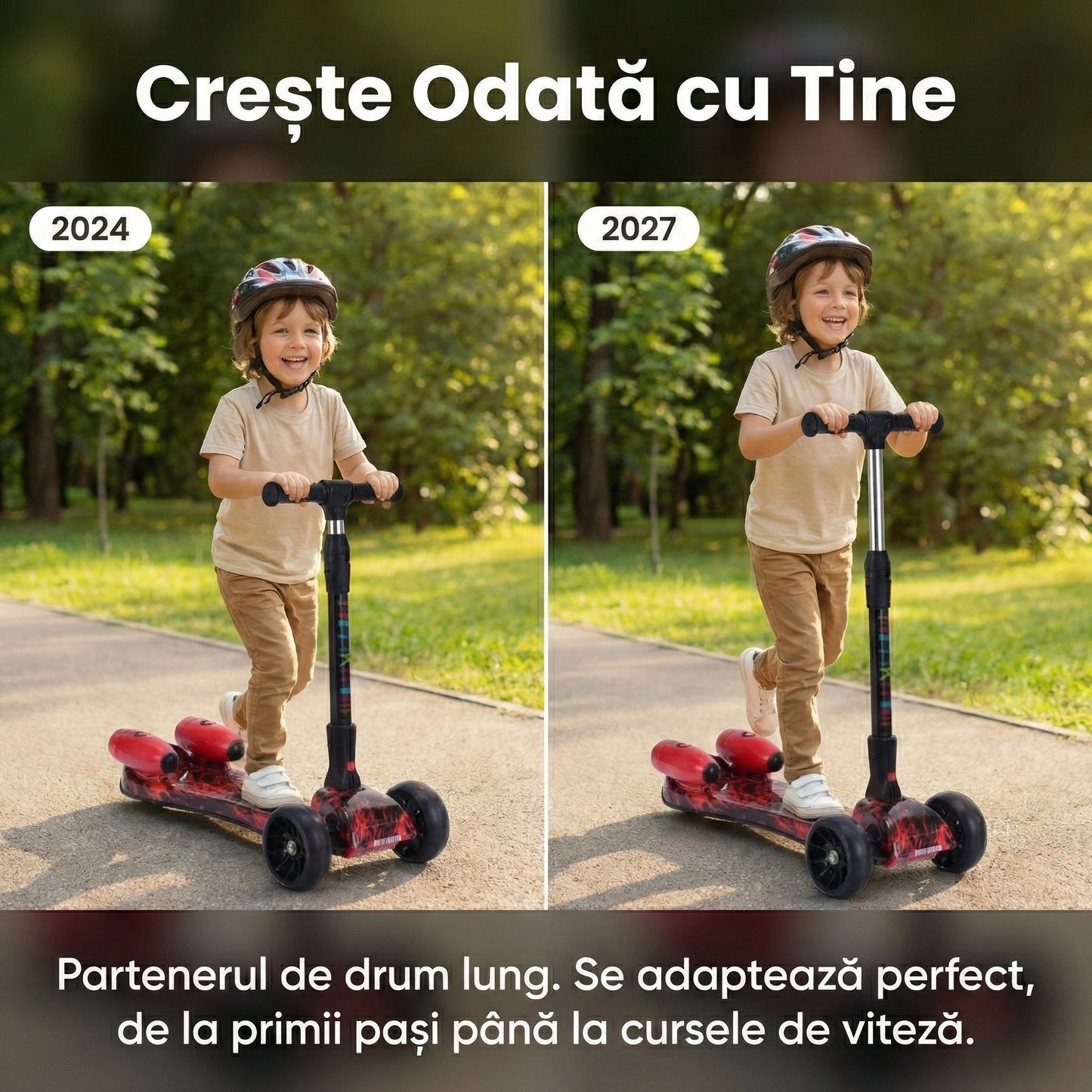 Trotinetă cu Aburi și Lumini LED, Conexiune Bluetooth pentru Muzică, Roți PU Luminoase, Pliabilă, Roșu