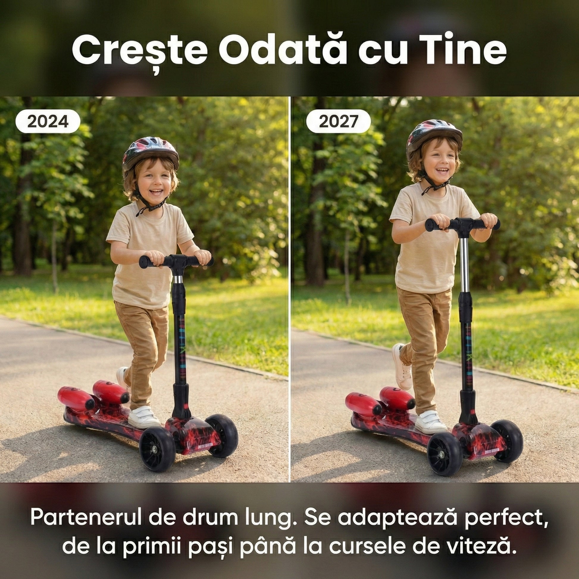 Trotinetă cu Aburi și Lumini LED, Conexiune Bluetooth pentru Muzică, Roți PU Luminoase, Pliabilă, Roșu