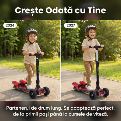 Trotinetă cu Aburi și Lumini LED, Conexiune Bluetooth pentru Muzică, Roți PU Luminoase, Pliabilă, Roșu