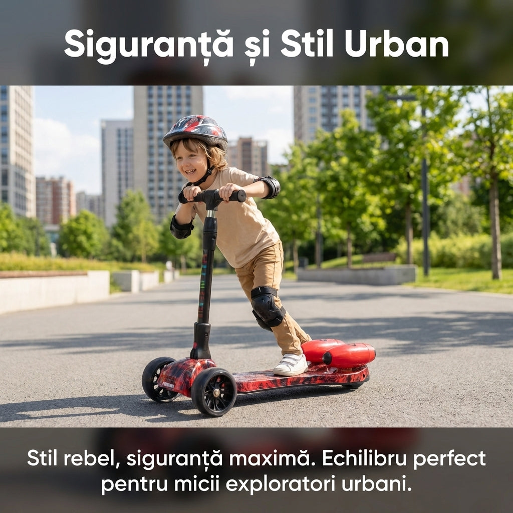 Trotinetă cu Aburi și Lumini LED, Conexiune Bluetooth pentru Muzică, Roți PU Luminoase, Pliabilă, Roșu