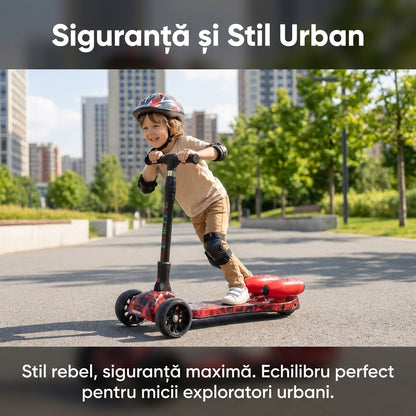 Trotinetă cu Aburi și Lumini LED, Conexiune Bluetooth pentru Muzică, Roți PU Luminoase, Pliabilă, Roșu