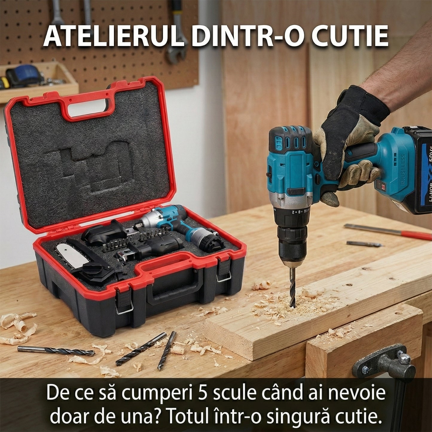 Trusă Scule Multifuncțională 5-în-1 - Bormașină, Cheie Impact, Drujbă & Fierăstrău Sabie pe Acumulator 48V