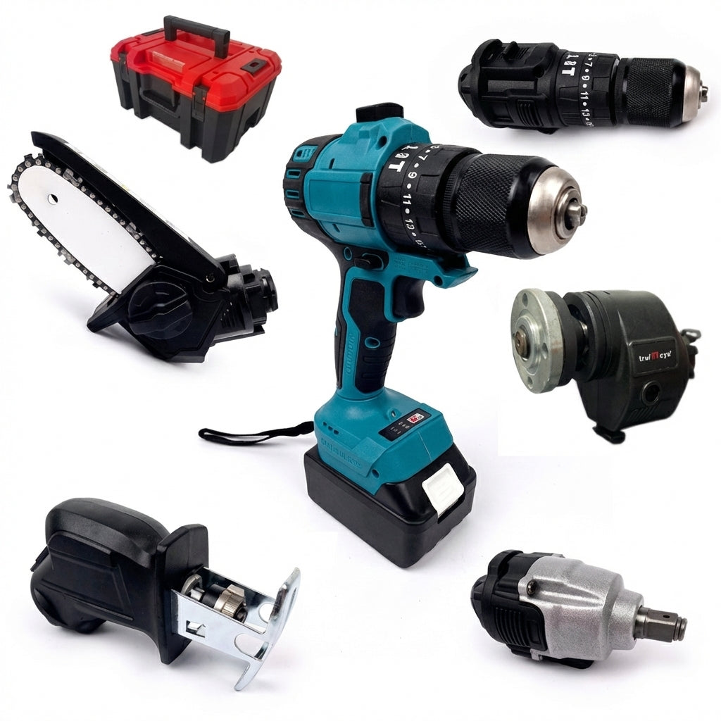 Trusă Scule Multifuncțională 5-în-1 - Bormașină, Cheie Impact, Drujbă & Fierăstrău Sabie pe Acumulator 48V