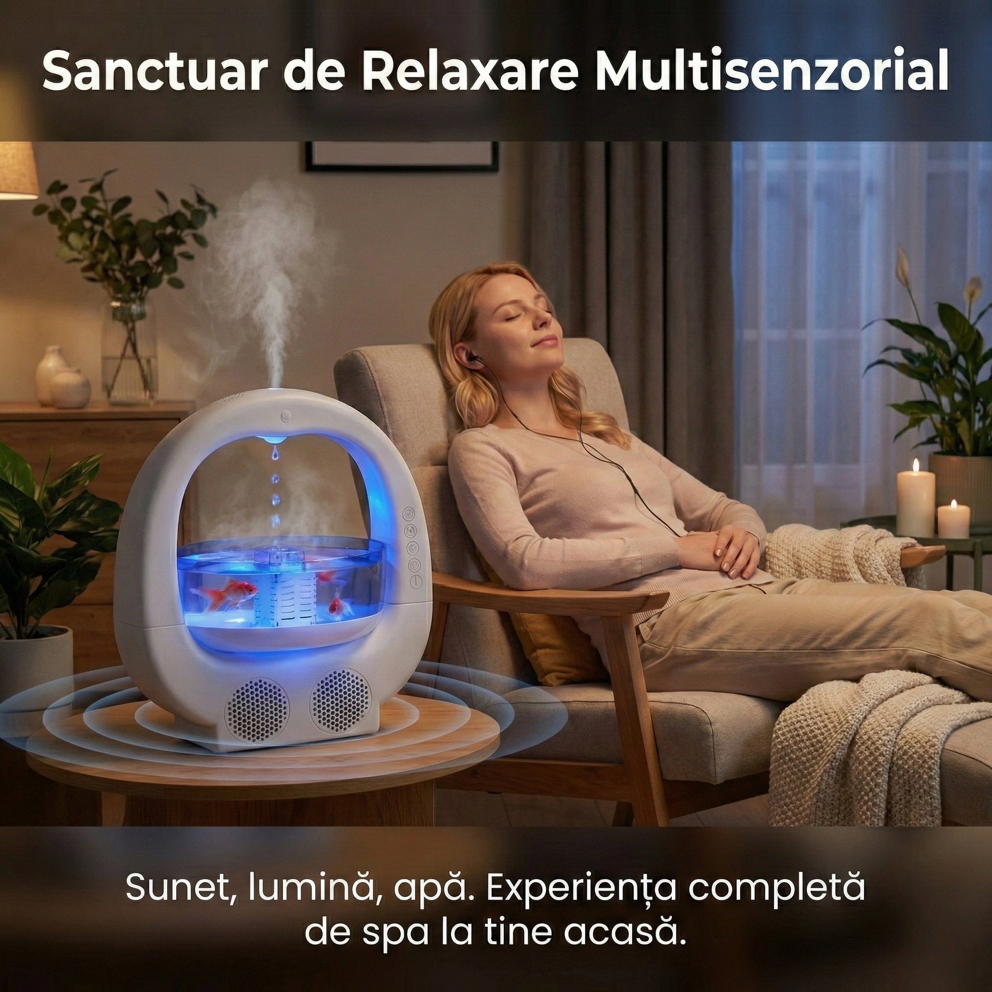 Umidificator Anti-Gravitație Multifuncțional cu Acvariu și Boxă Bluetooth, 700ml, Lumini Ambientale RGB, Alb